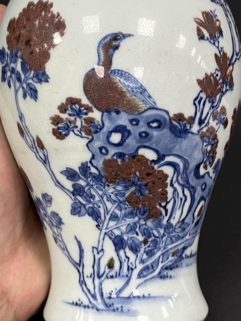 清康熙 青花釉里红花鸟纹橄榄尊 - 图9