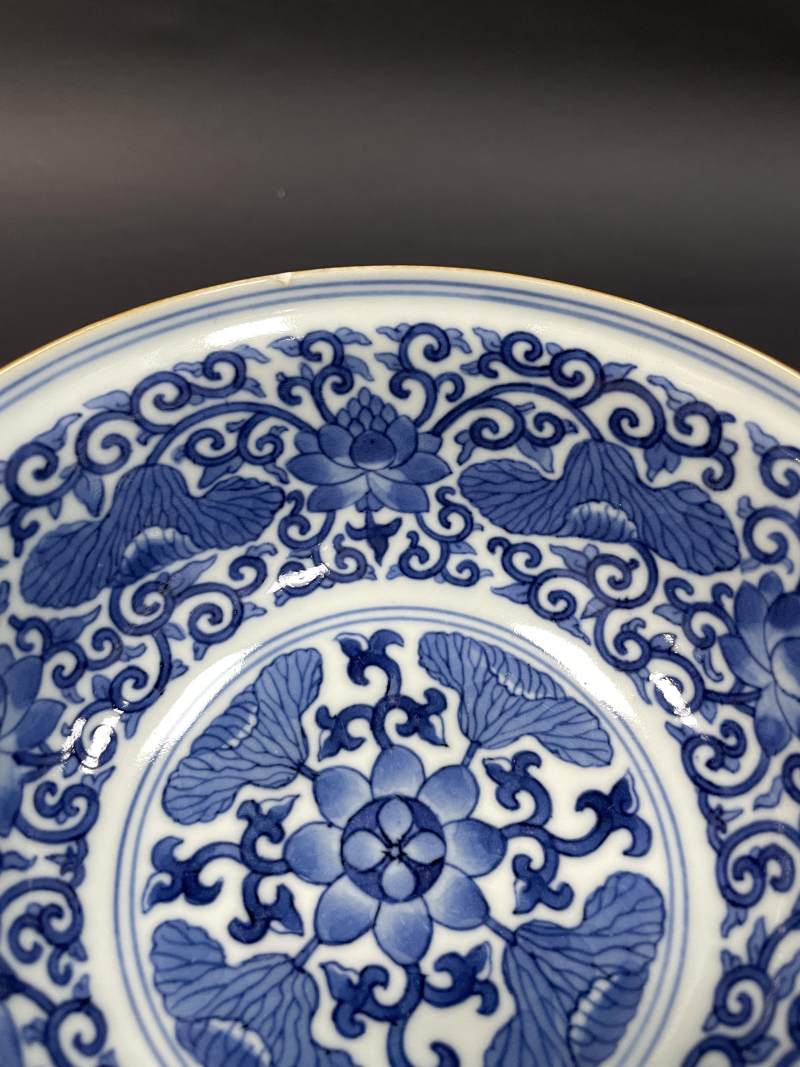 清道光 内青花外粉彩荷塘图碗 - 图10