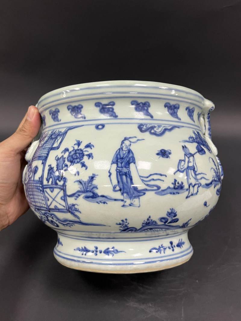 明中期 青花高士图蝠耳大炉 - 图4