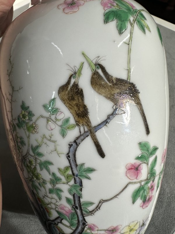 民国 粉彩花鸟赏瓶一对 - 图13