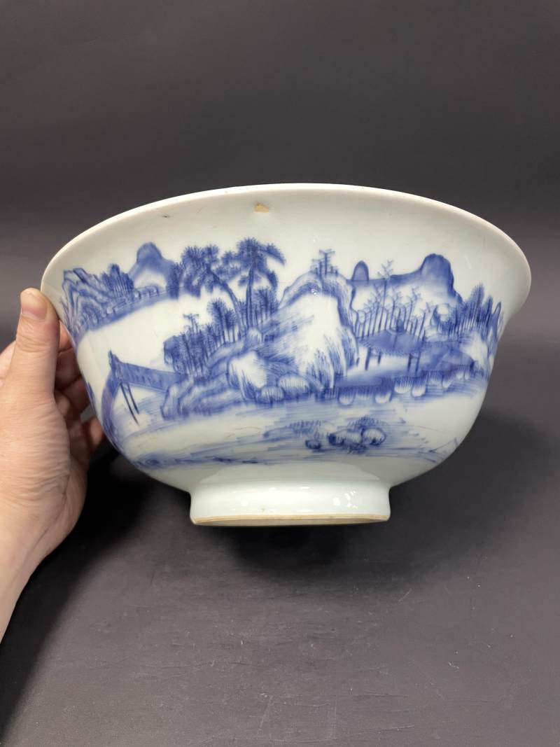 清雍正 青花山水人物纹大碗 - 图4