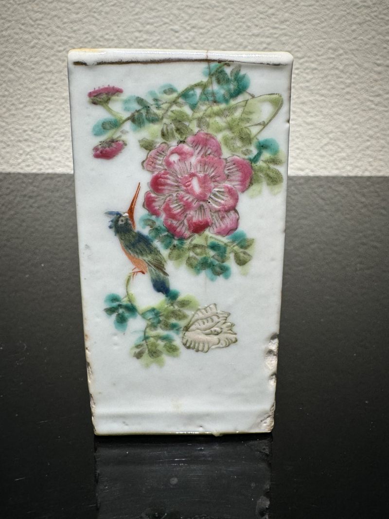 清光绪 浅绛彩山水花鸟四方小笔筒 - 图3