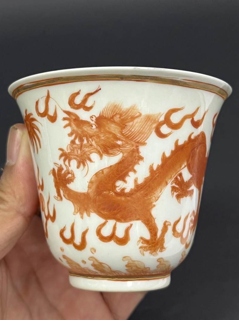 清光绪 矾红云龙纹大铃铛杯一对 - 图8