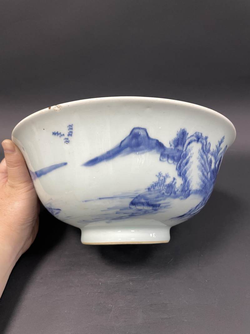 清雍正 青花山水人物纹大碗 - 图6