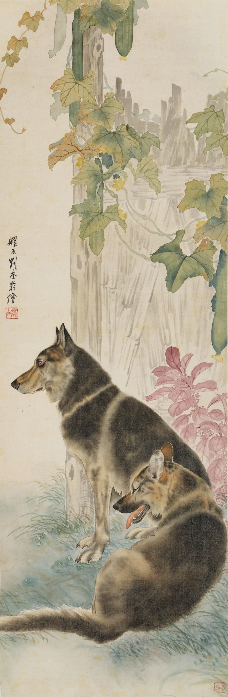 劉奎齡　雙犬圖　設色絹本　立軸 | LIU KUILING (1885-1967)