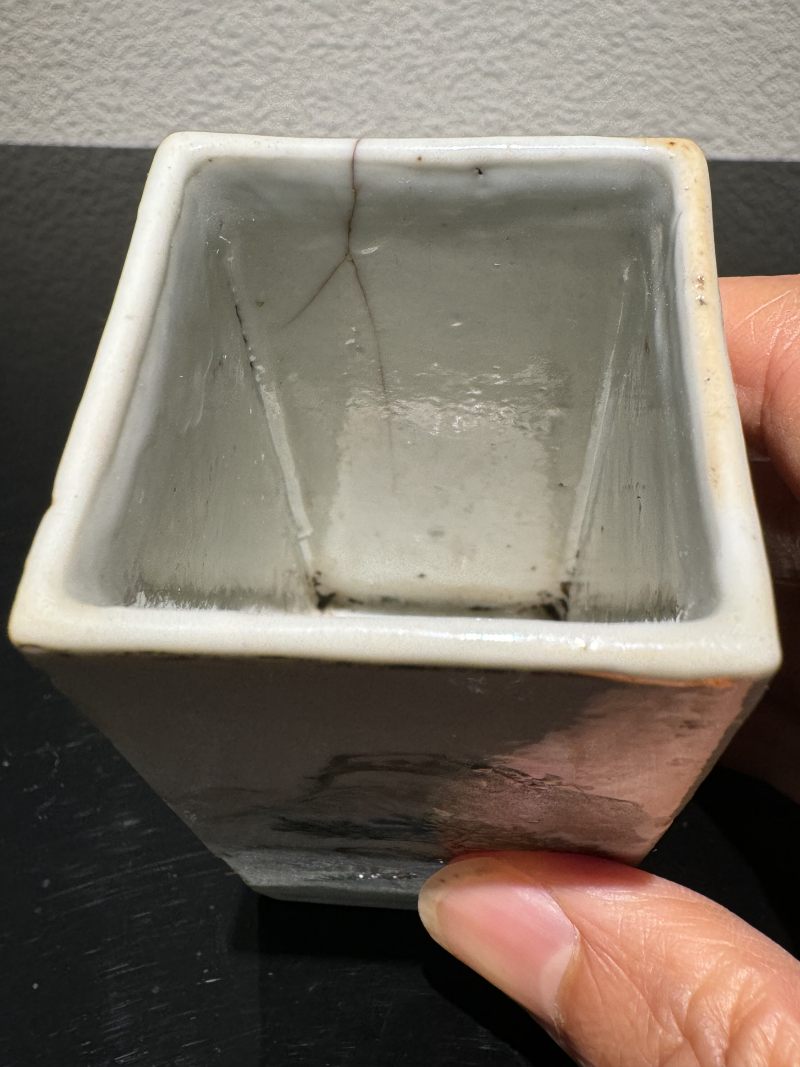 清光绪 浅绛彩山水花鸟四方小笔筒 - 图5