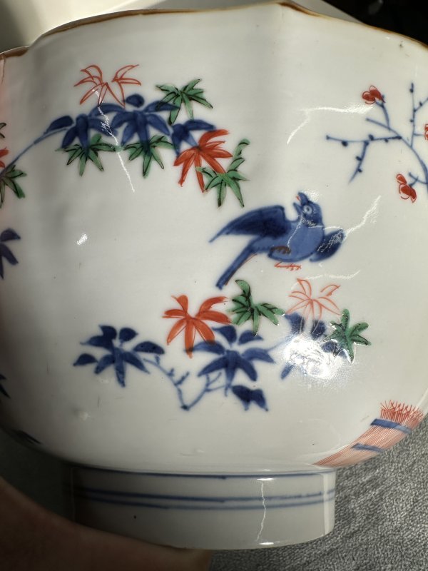 清康熙 青花五彩花鸟花口大碗 - 图8