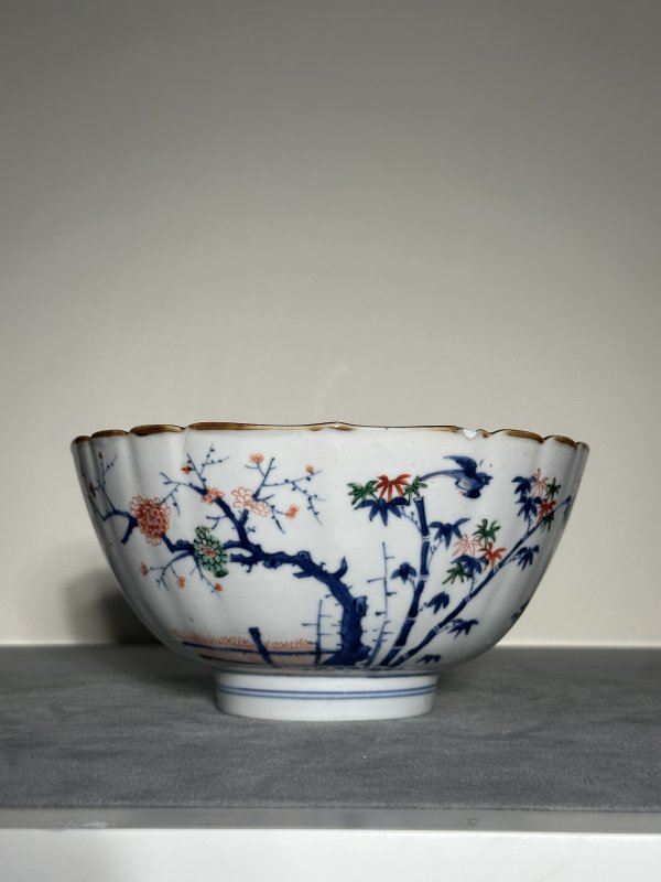 清康熙 青花五彩花鸟花口大碗 - 图2