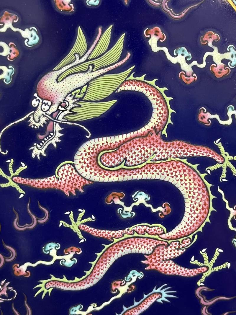 清晚期 蓝釉粉彩云龙纹瓷板 - 图4