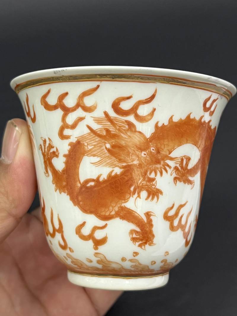 清光绪 矾红云龙纹大铃铛杯一对 - 图10