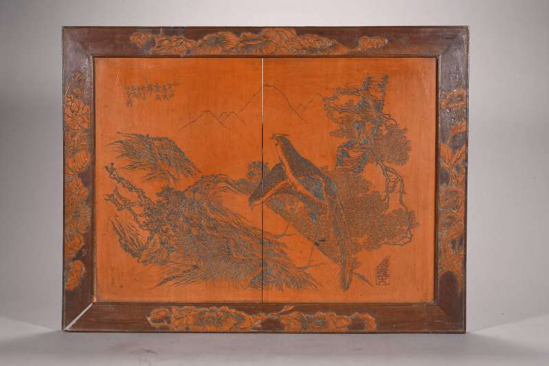 清 云山樵款竹黄高士、花鸟图挂屏一对 - 图2