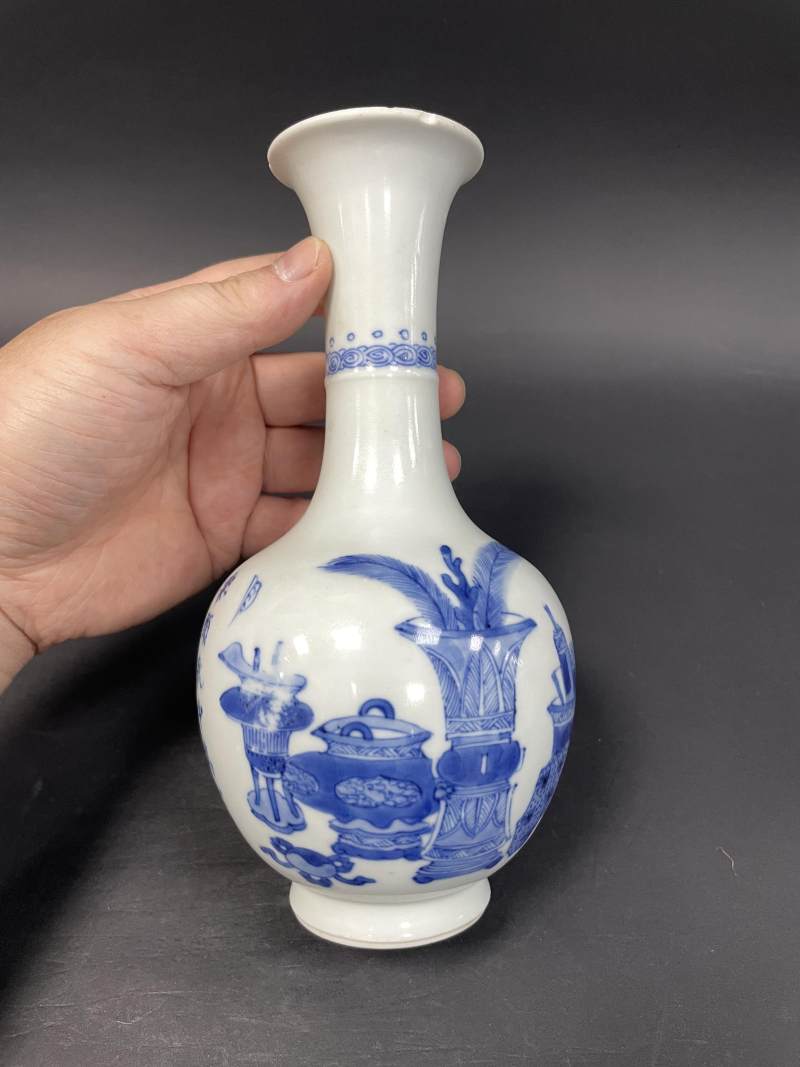 清康熙 青花瓶花博古诗文瓶 - 图2