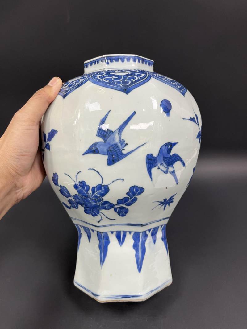 明崇祯 青花花鸟纹八方罐 - 图2