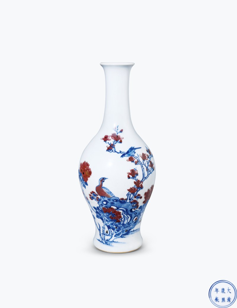清康熙 青花釉里红花鸟纹橄榄尊