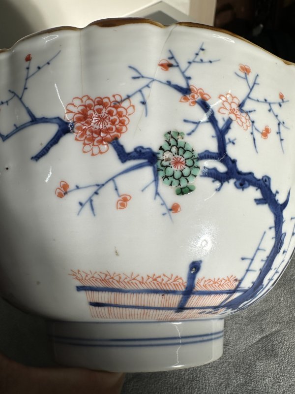 清康熙 青花五彩花鸟花口大碗 - 图4