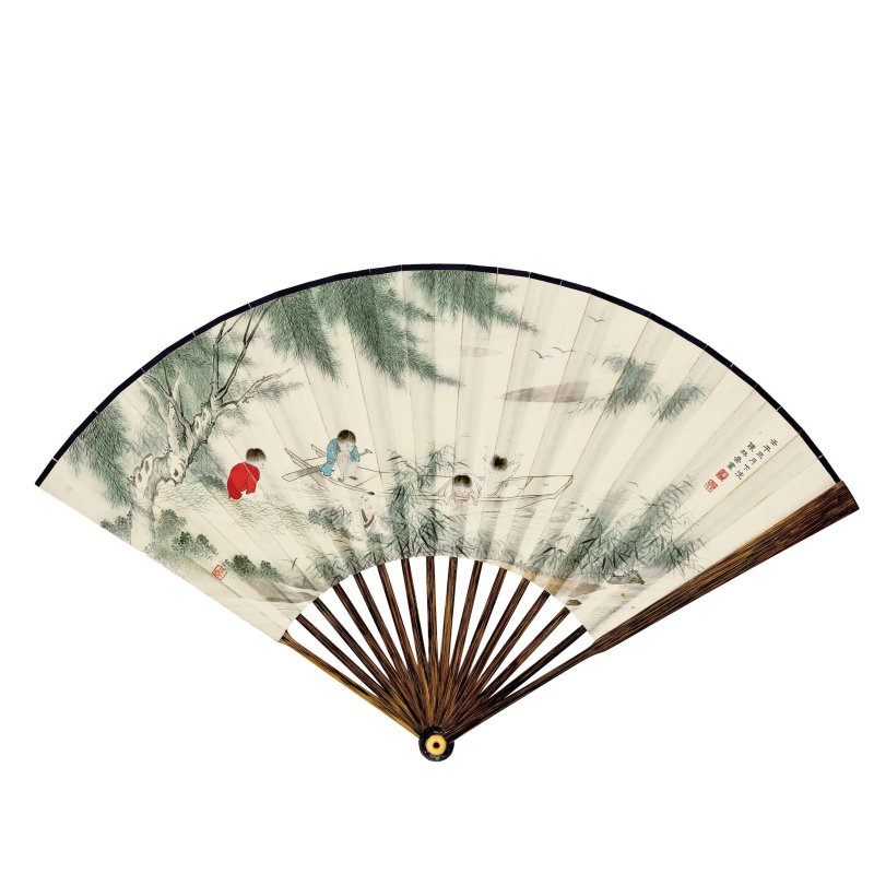 陳林齋　五子戲舟　設色紙本　成扇　一九四二年作 | CHEN LINZHAI (1912-1999); SHEN SHU (1884-?) - 图5