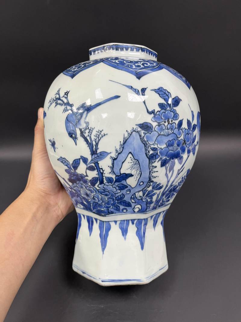 明崇祯 青花花鸟纹八方罐 - 图4