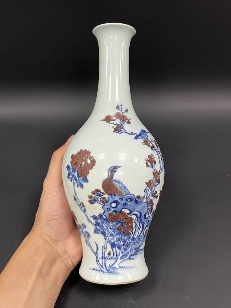 清康熙 青花釉里红花鸟纹橄榄尊 - 图2