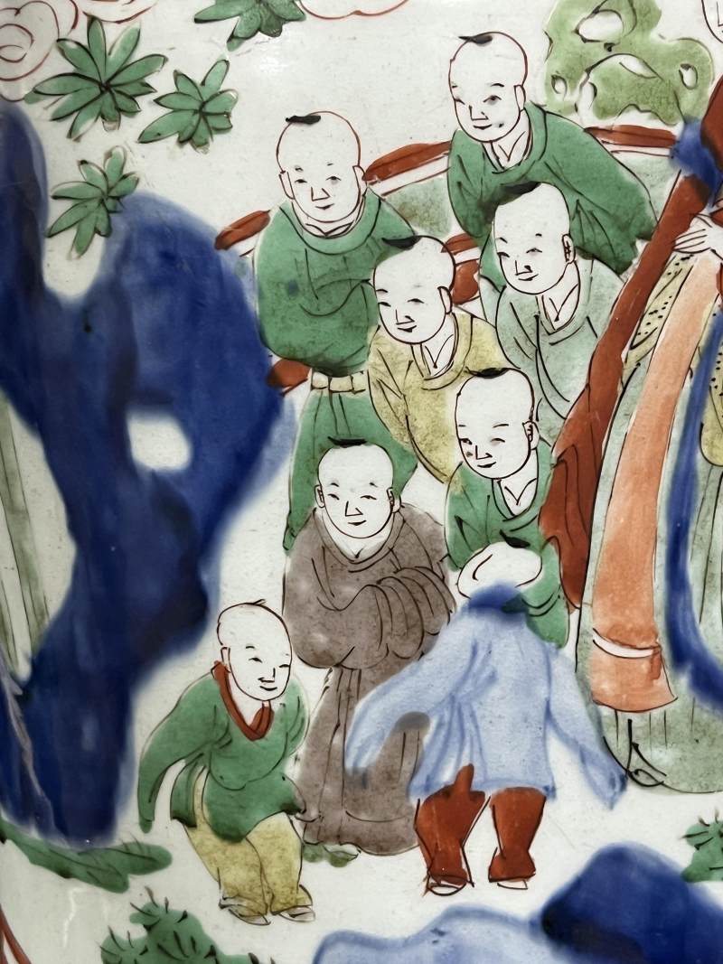 清顺治 青花五彩四妃十六子图将军罐 - 图16