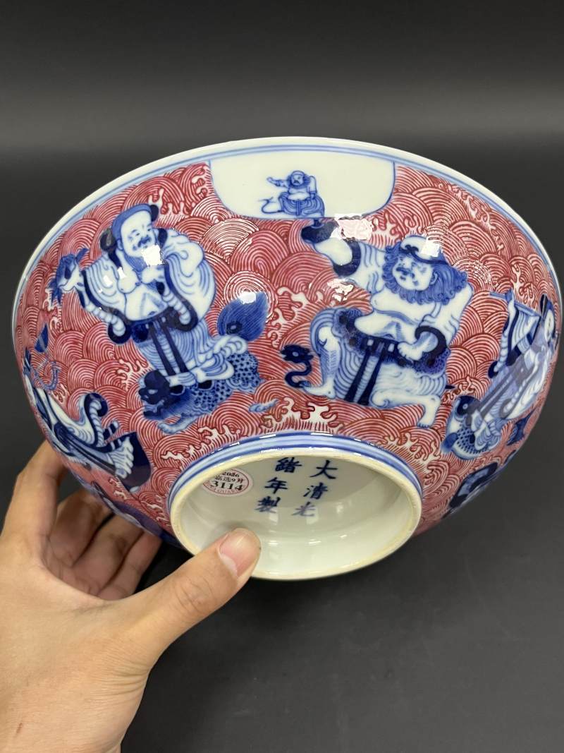 清光绪 青花胭脂红八仙庆寿图大碗 - 图4