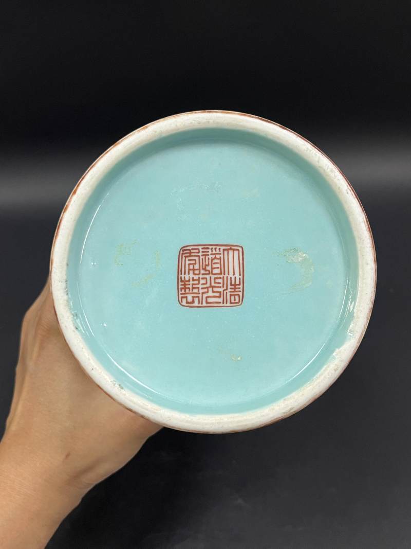 清道光 黄地洋彩缠枝莲福寿绵长图帽筒一对 - 图21