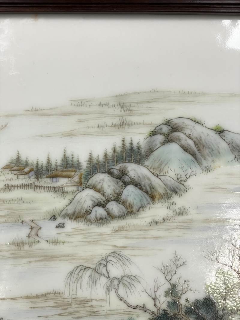 民国 潘匋宇绘粉彩山水纹瓷板砚屏 - 图9