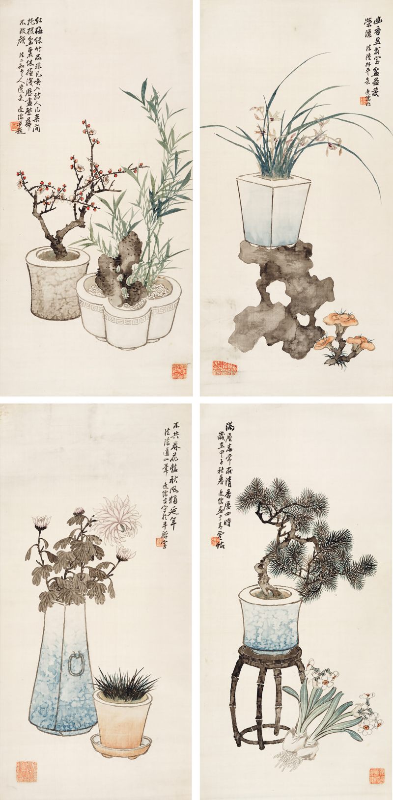 甲子（1924年）作 黄逸儒 博古花卉四屏