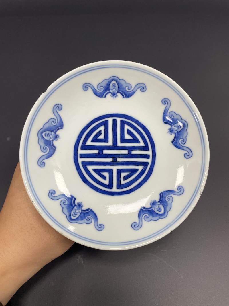清道光二十五年（1845年） 青花内五福捧寿外海水八仙图高足盘 - 图10