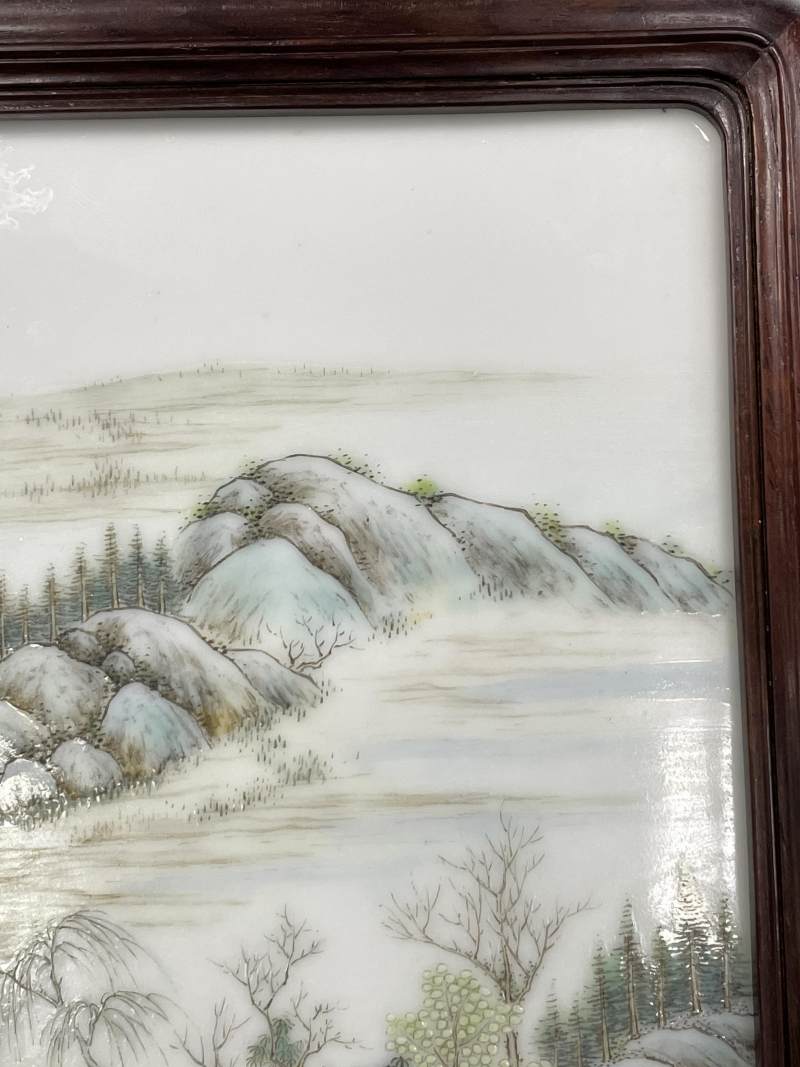 民国 潘匋宇绘粉彩山水纹瓷板砚屏 - 图10