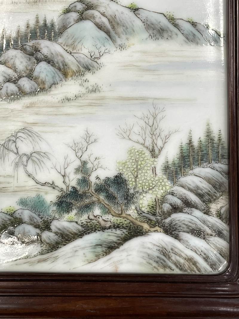 民国 潘匋宇绘粉彩山水纹瓷板砚屏 - 图11