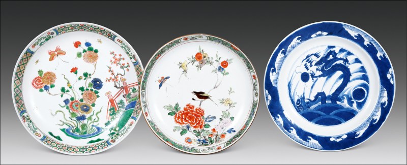 清康熙 五彩花鸟纹、花蝶纹、青花云龙纹盘各一只
