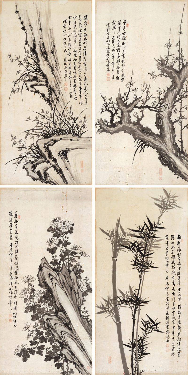 庚辰（1880年）作 冯镜如 梅兰竹菊四屏