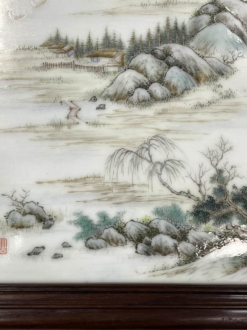 民国 潘匋宇绘粉彩山水纹瓷板砚屏 - 图12