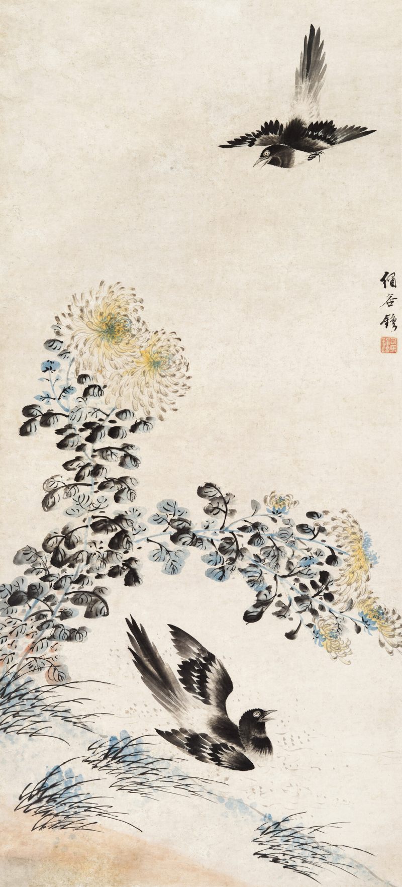 司马钟 菊花双雀