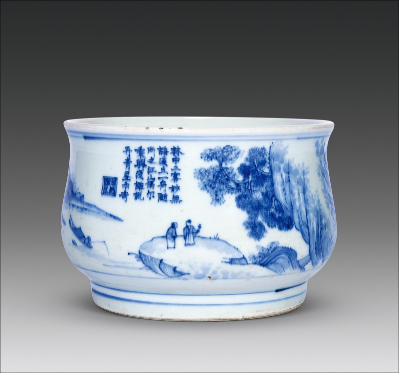 清早期 青花山水人物诗文罗汉炉