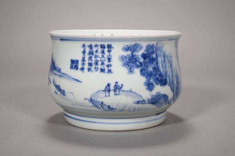 清早期 青花山水人物诗文罗汉炉 - 图2