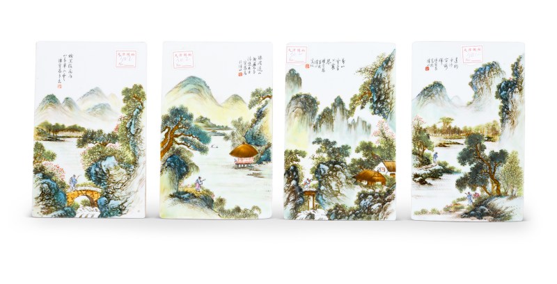 民国 陈宝昌款粉彩山水人物诗文瓷板四扇