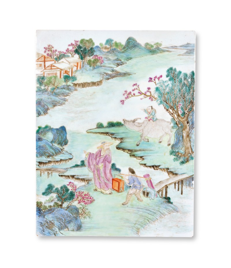 清乾隆 粉彩杜牧“清明”诗意图瓷板 - 图1