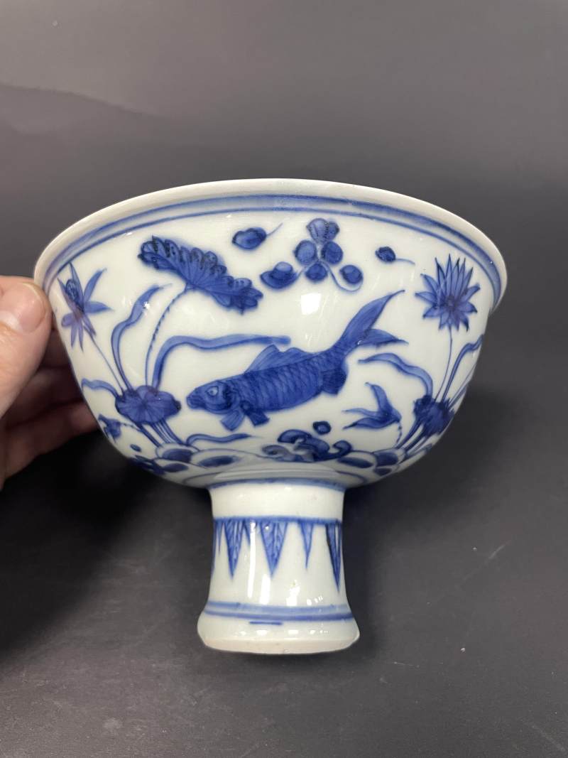 明晚期 青花鱼藻纹高足碗 - 图2