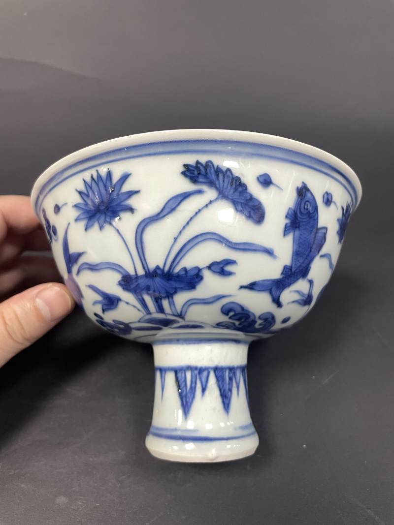 明晚期 青花鱼藻纹高足碗 - 图3