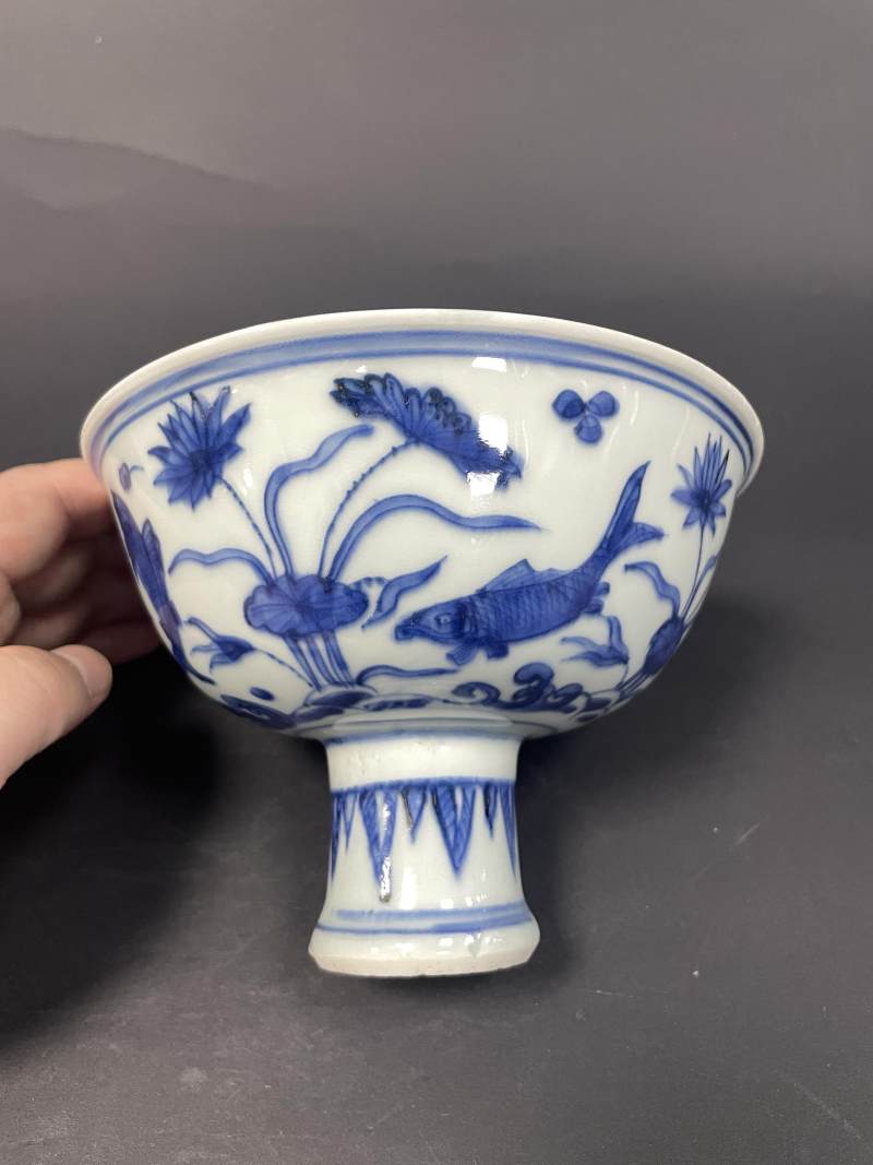 明晚期 青花鱼藻纹高足碗 - 图5