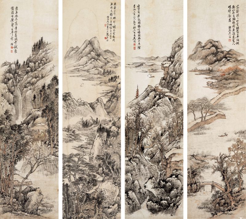 癸未（1883年）作 吴滔 山水四屏