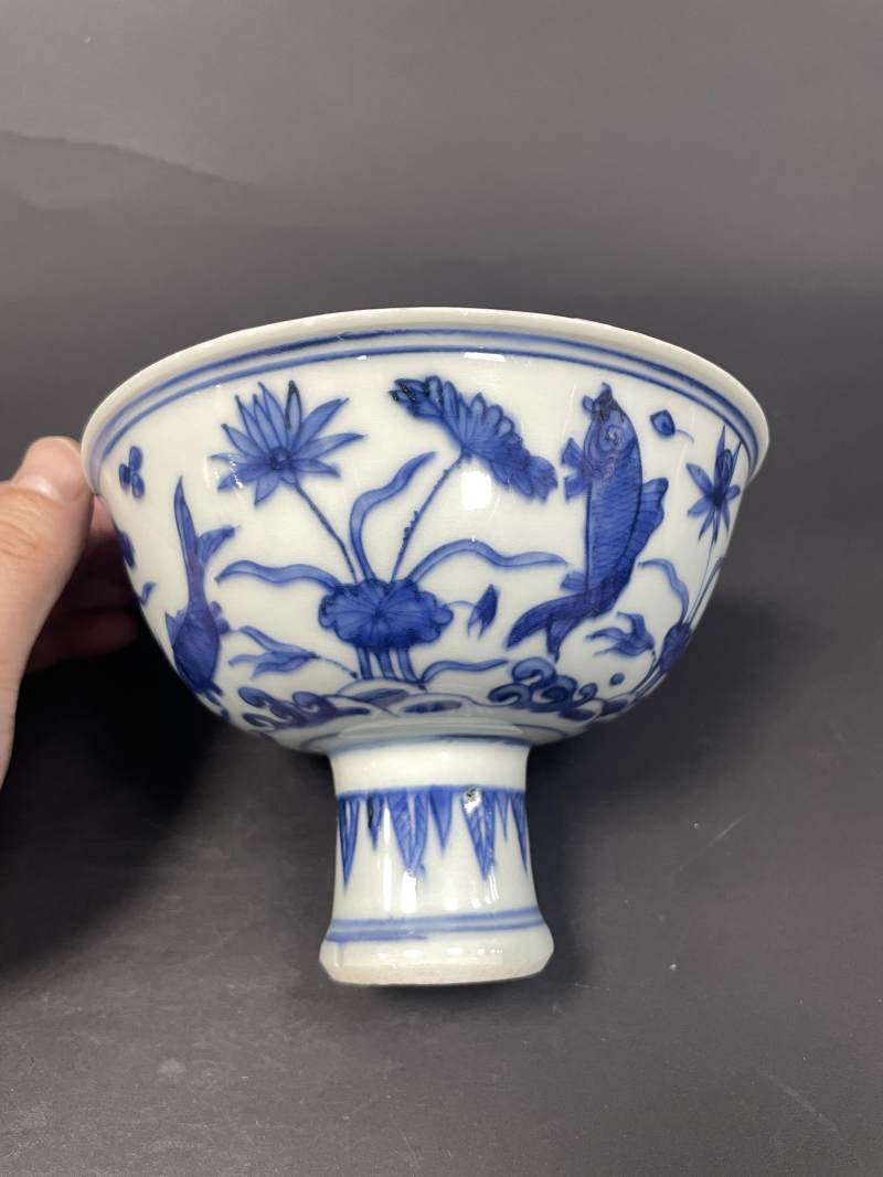 明晚期 青花鱼藻纹高足碗 - 图6