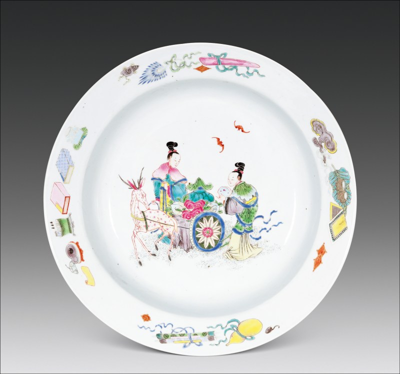 清早期 粉彩麻姑献寿图折沿盆