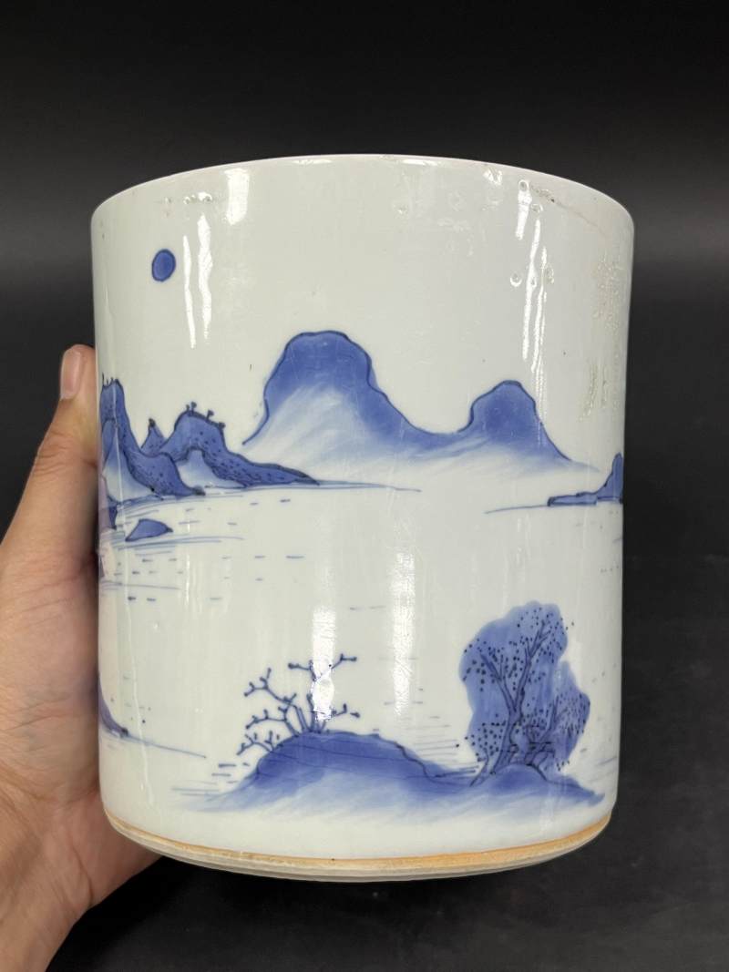 明崇祯 青花山水人物纹笔筒 - 图4