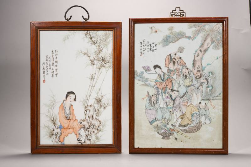 民国 徐善琴、罗仲林款浅绛彩八仙人物、仕女纹瓷板挂屏各一件 - 图2