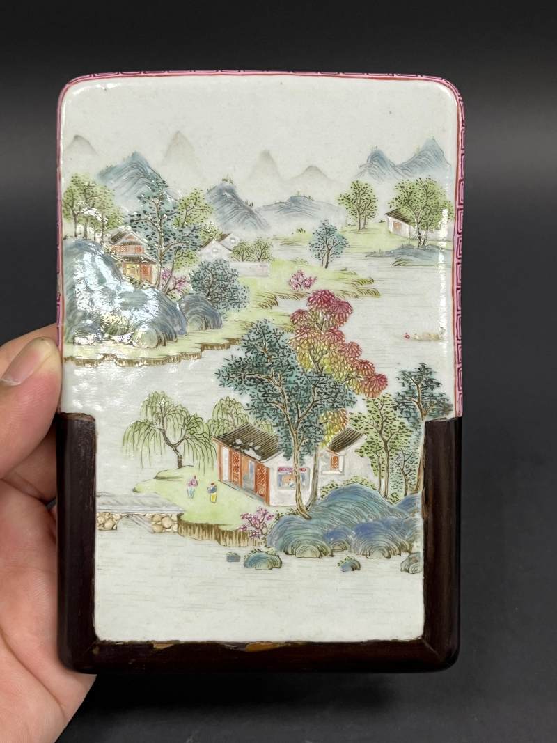 清乾隆 粉彩山水人物高士图砚屏 - 图4