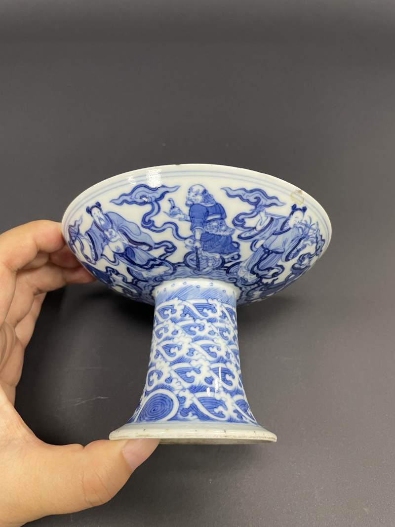 清道光二十五年（1845年） 青花内五福捧寿外海水八仙图高足盘 - 图4
