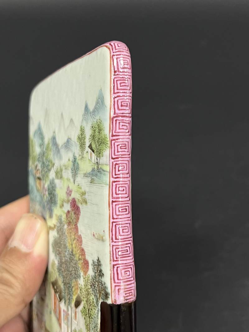 清乾隆 粉彩山水人物高士图砚屏 - 图5