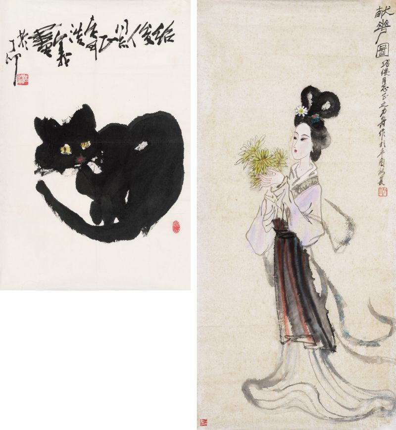 辛酉（1981年）作、丁卯（1987年）作 杨力舟、贾浩义 献花图、猫 - 图1
